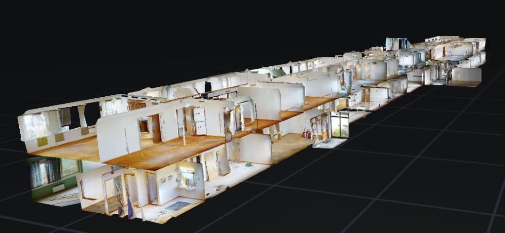 Full visning av 3D-scannet bygg.